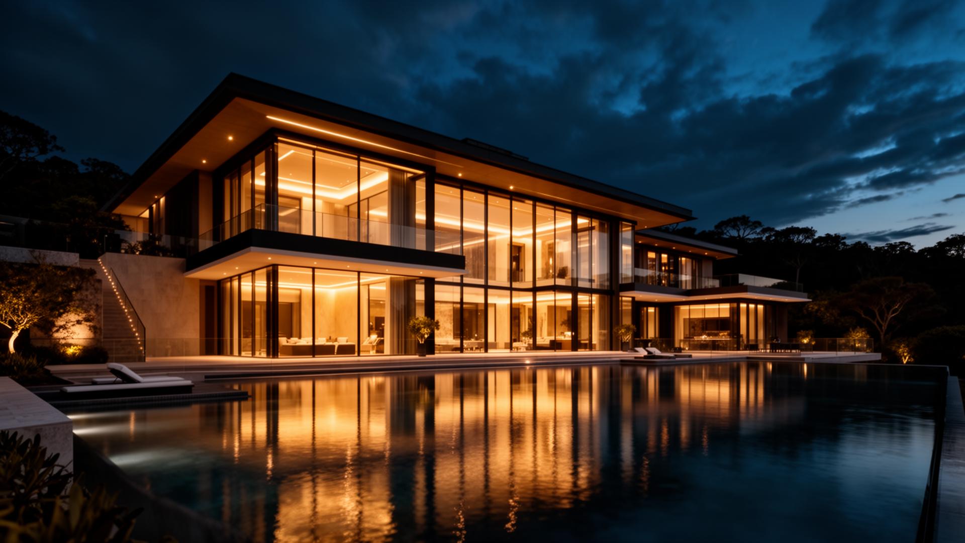 Luxury modern residential home at twilight